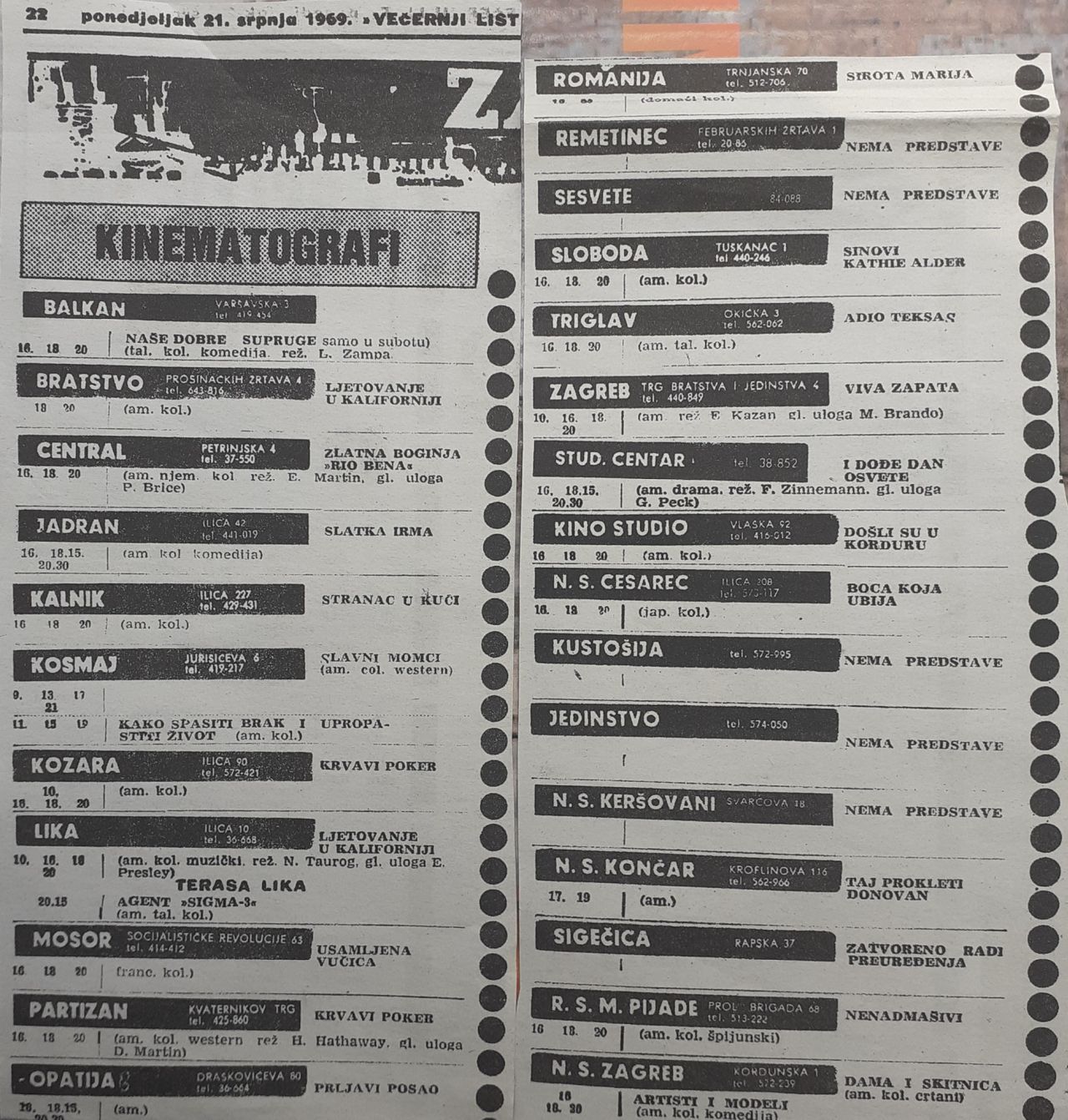 KINO, Zagrebački kinematografi prikazuju, 21. srpnja 1969. godine